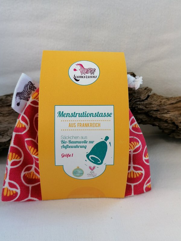 Menstruationstasse Grösse 1 im pinken Baumwollbeutel Abverkauf